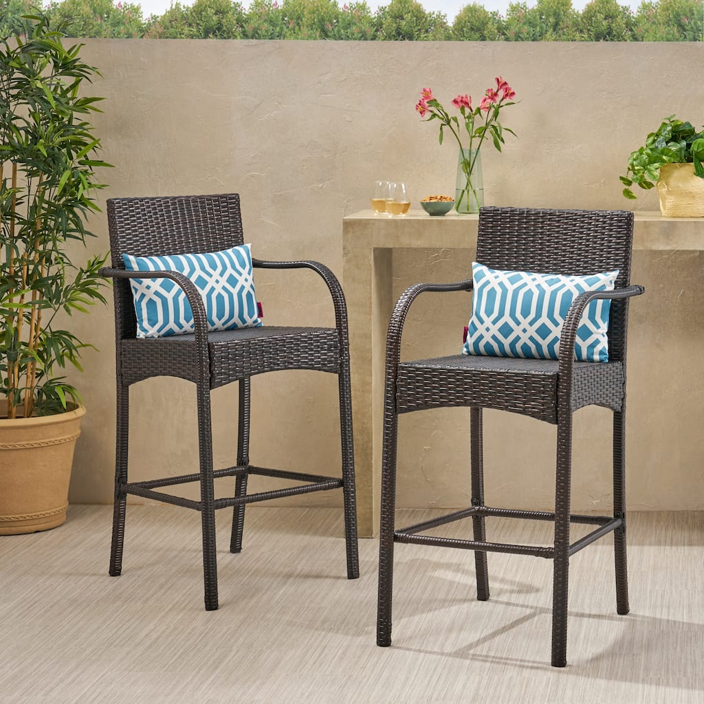 Outdoor Patio Wicker Barstool, High Back Entertainment Barstool Set with Arm High Chair, Island Dining Chair (Set of 2)