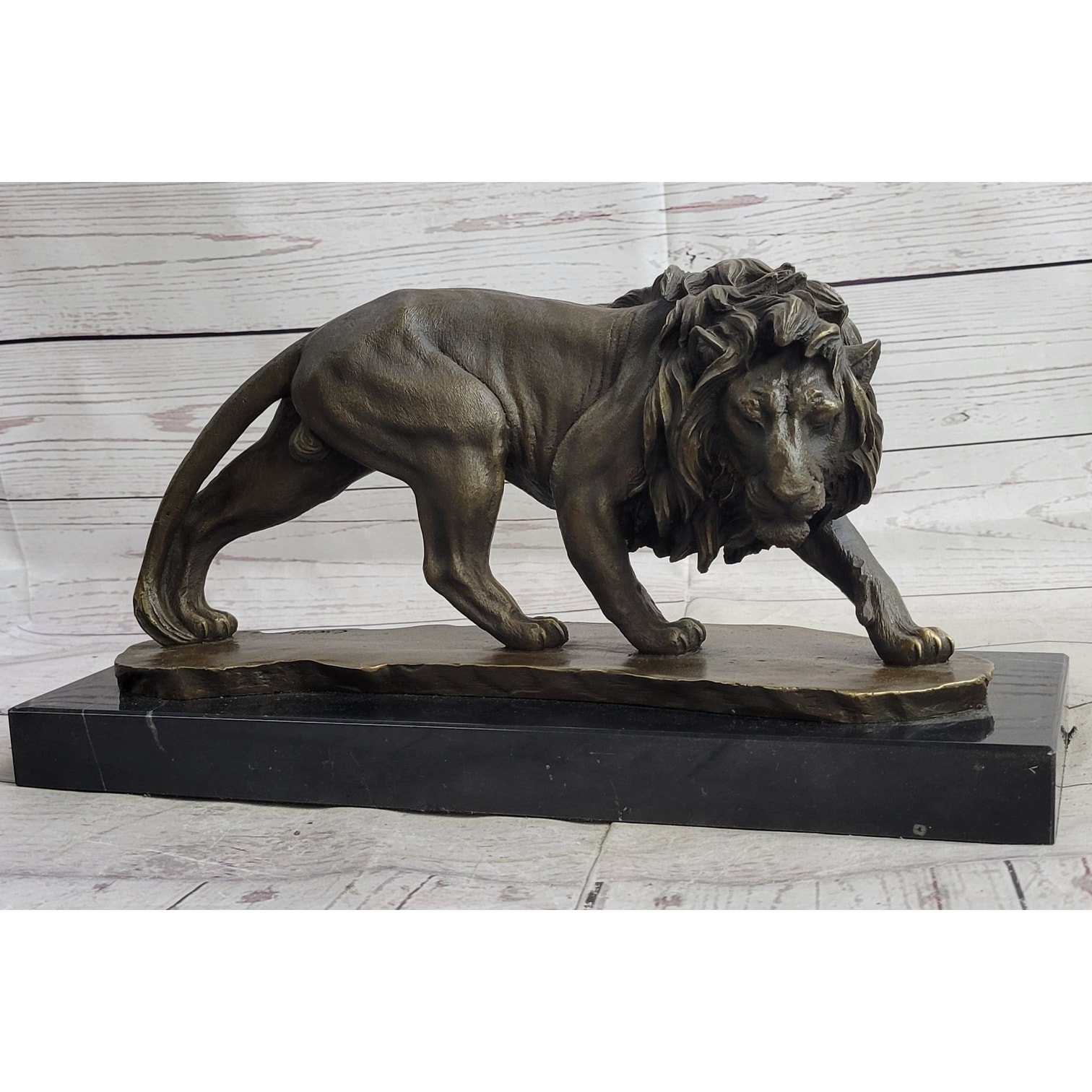 Male Lion Stalking Prey Bronze Sculpture Statue Signed Art On Marble Base