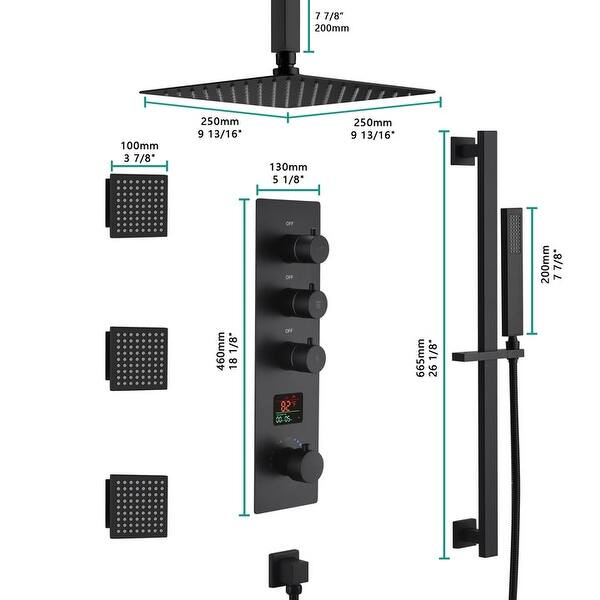 matte black ceiling mount 12 inch rain 3 way digital display ...