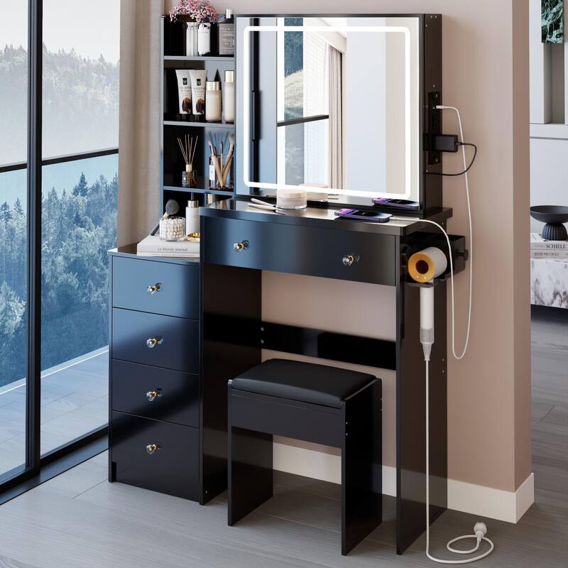 37" Middle Size Left Bedside Cabinet Vanity Table + Cushioned Stool Dresser Set, Large Touch Control LED Sliding Mirror