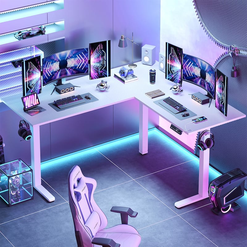 63" L Shaped Standing Desk Corner Desk LED Gaming Desk with Ergonomic Monitor Stand