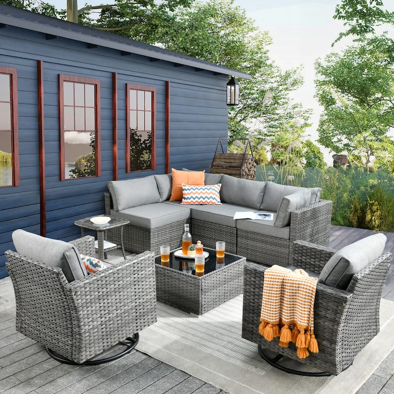 HOOOWOOO 8-piece Outdoor Furniture Swivel Chair Set with Coffee Table - Dark Grey