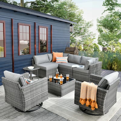 HOOOWOOO 8-piece Outdoor Furniture Swivel Chair Set with Coffee Table