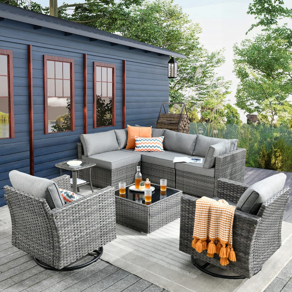 HOOOWOOO 8-piece Outdoor Furniture Swivel Chair Set with Coffee Table