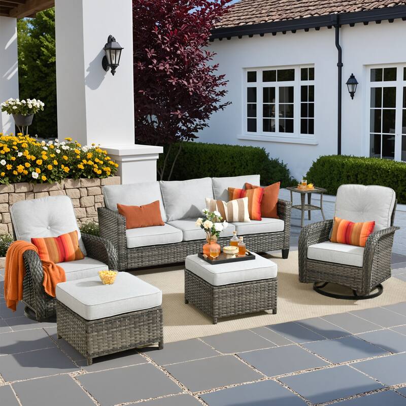 HOOOWOOO 6-piece Grey Wicker Outdoor Swivel Rocking Chair Set for Patio - Grey
