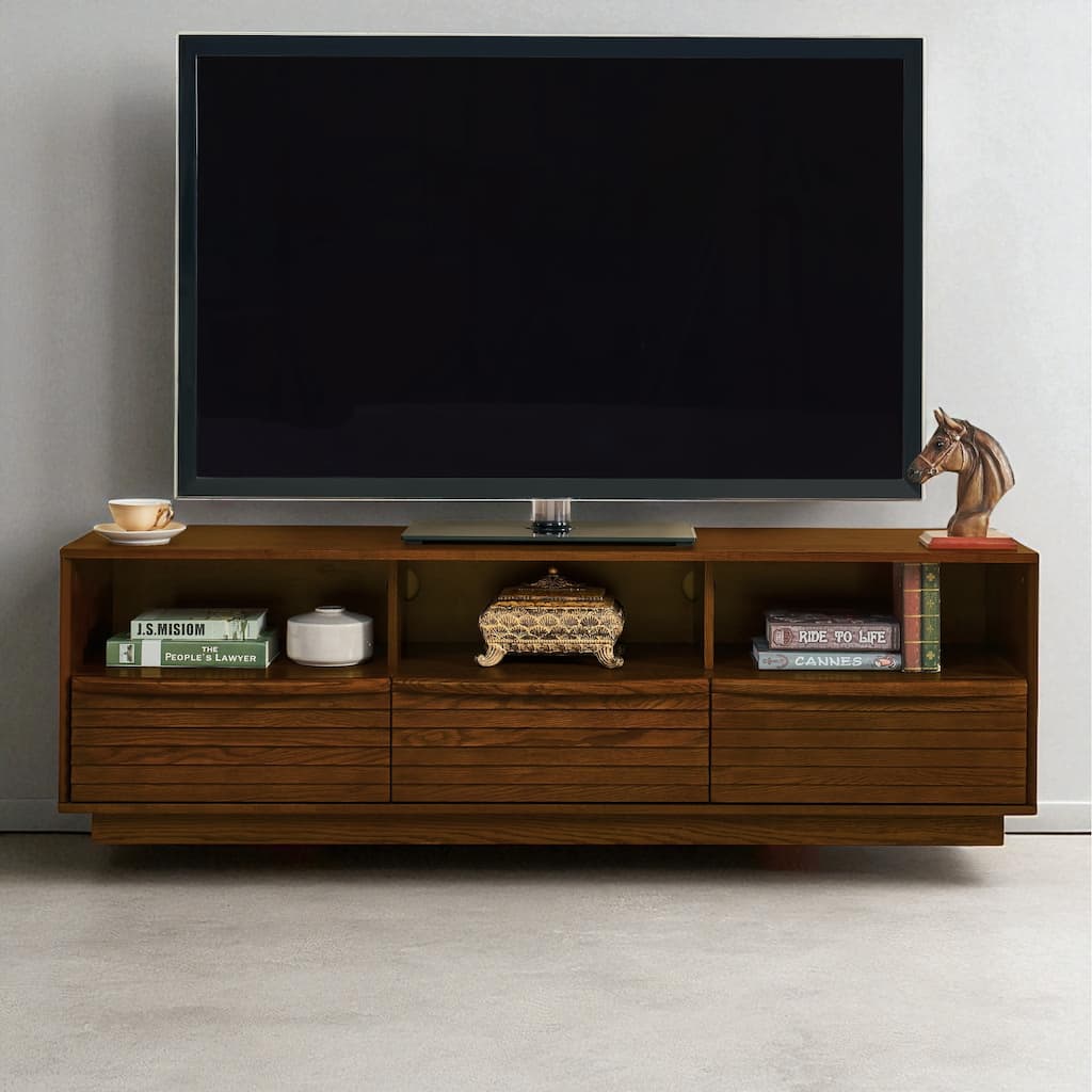 63" Mid-Century Modern TV Stand for TVs up to 75", Farmhouse Media Console with Louver Design, Drawers & Outlet Holes