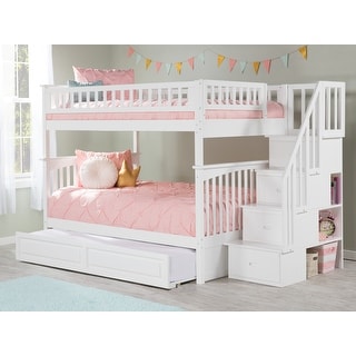 Columbia Full over Full Solid Wood Staircase Bunk Bed with Twin Raised Panel Trundle Bed in White