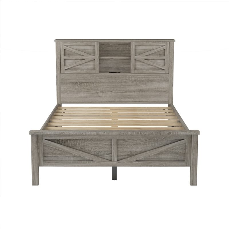 Farmhouse Style Platform Bed with Sliding Barn Doors Storage Headboard, Full/Queen Size Wood Bed Frame with Charging Station