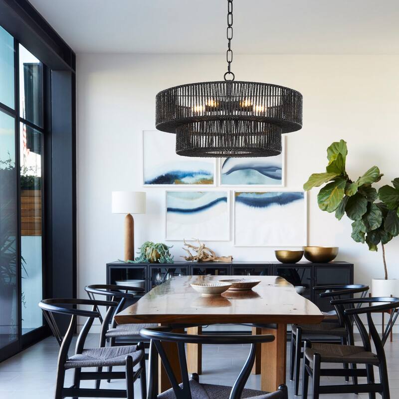 5-Light 21.6in. Rattan Boho Tiered Drum Hand Woven Chandelier