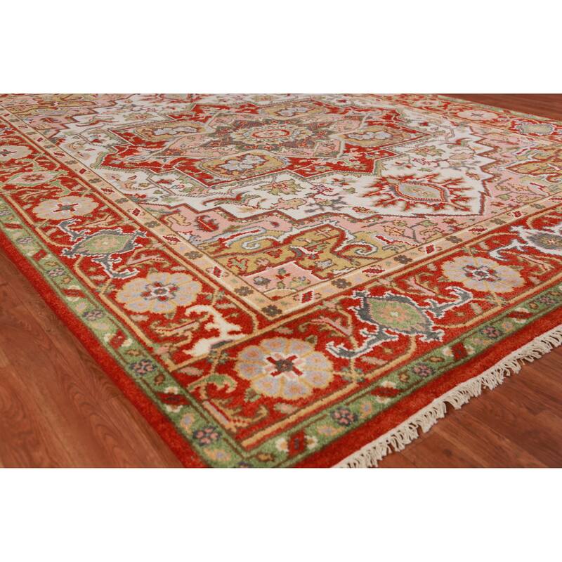 Hand Knotted Oriental 100% Wool Carpet Traditional Medallion Beige & Ivories Heriz (serapi) Area Rug - 9' 11'' X 8' 0''