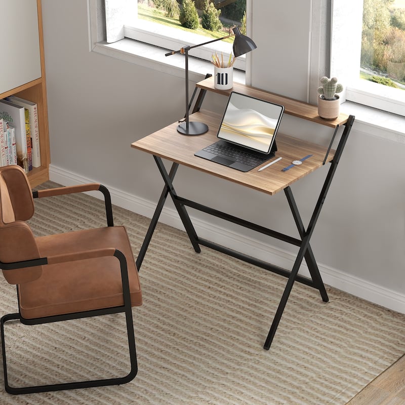 HOMCOM Small Folding Desk, 32 Inch Foldable Computer Desk with Monitor Shelf, Space Saving Portable Writing Table