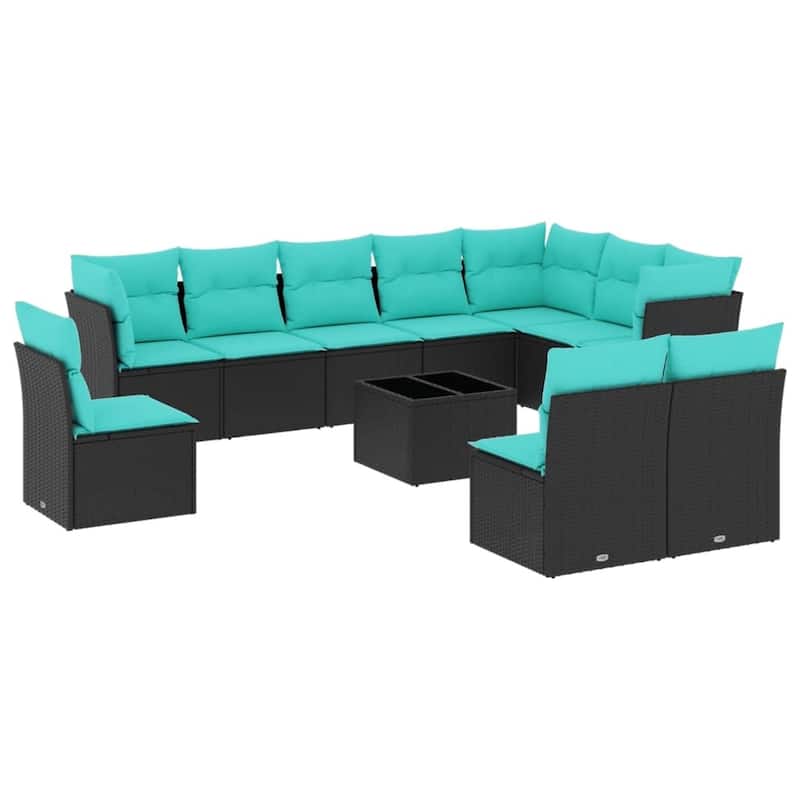 vidaXL 10 Piece Patio Sofa Set with Cushions Black Poly Rattan