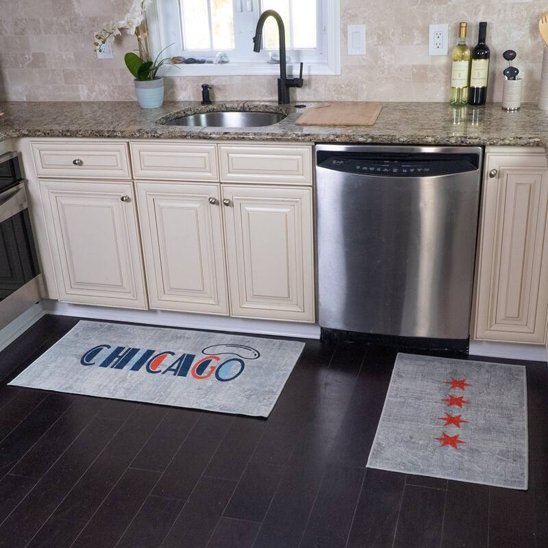 US States Design Non Skid Washable Kitchen Runner Rugs Set of 2 - Set of 44 x 24 and 31.5 x 20 Inches Low Pile Floor Mats