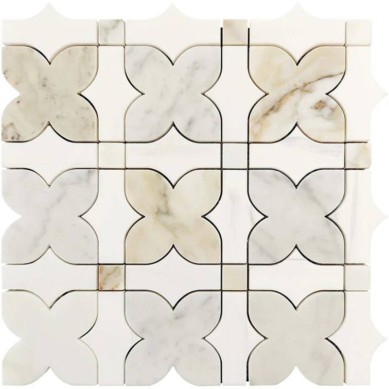 Serena 12x12 White Gray Gold Dolomite, Carrara Marble Mosaic Clover Wall and Floor Tile (4.51 sq ft/case) - 5 Pack