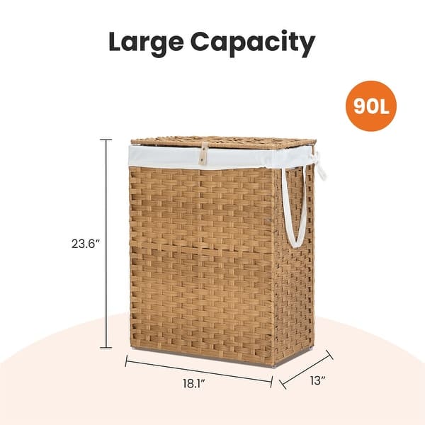 dimension image slide 0 of 4, Laundry Hamper with Lid, Synthetic Rattan Clothes Laundry Basket with Lid and Handles, Foldable, Removable Liner