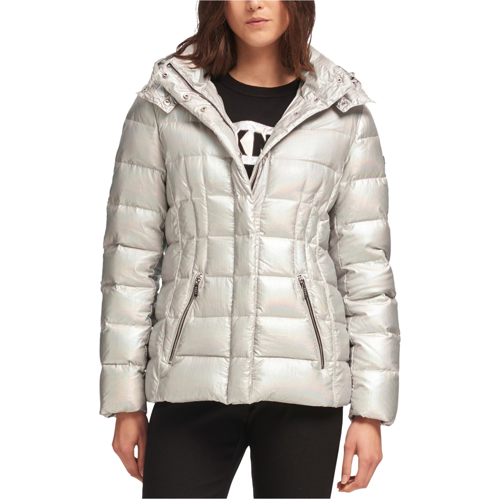 DKNY Womens Metallic Puffer Jacket,, Metallic, Small - Bed