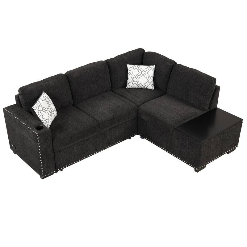 Pull-Out Sofa Bed L-Shape Sectional Sofa, Linen Deep Seat Sofa with Adjustable Headrest, Wireless Charging and Cup Holders