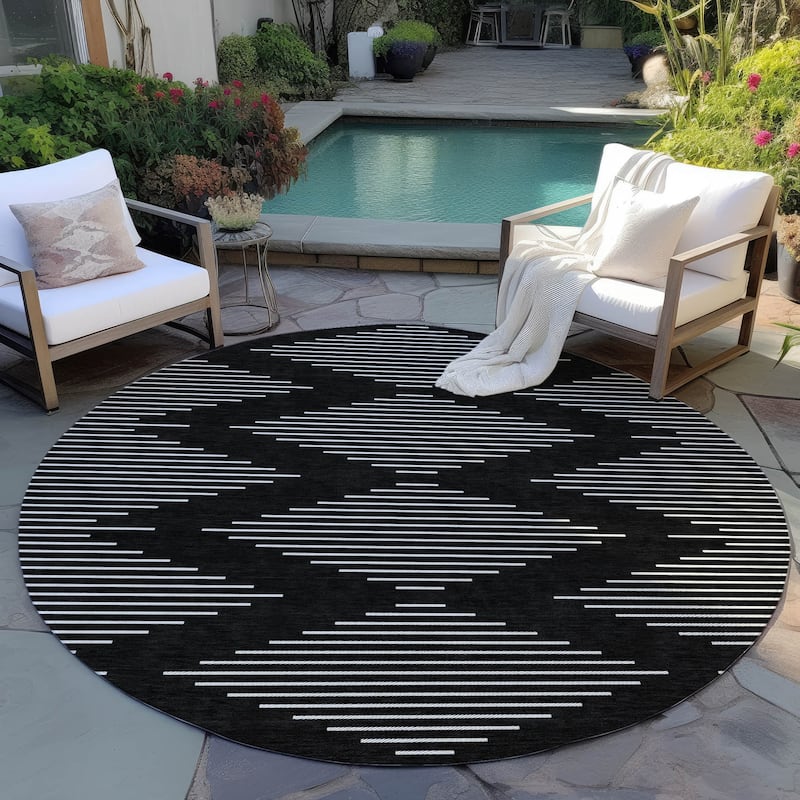 Machine Washable Indoor/ Outdoor Modern Stripe Chantille Rug - Black - 8' x 8'