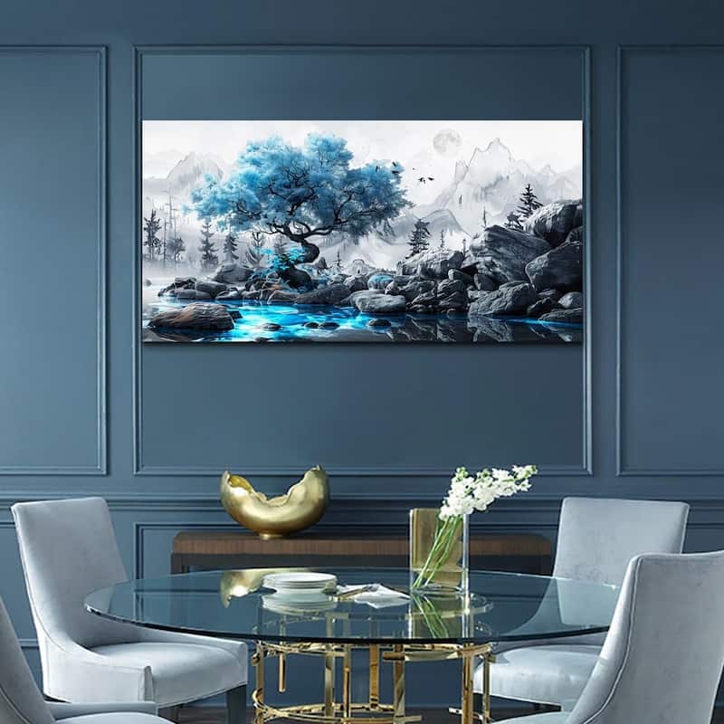 Black And White Ink Landscape Painting Blue Tree Wall Pictures Artwork - 20 x 40
