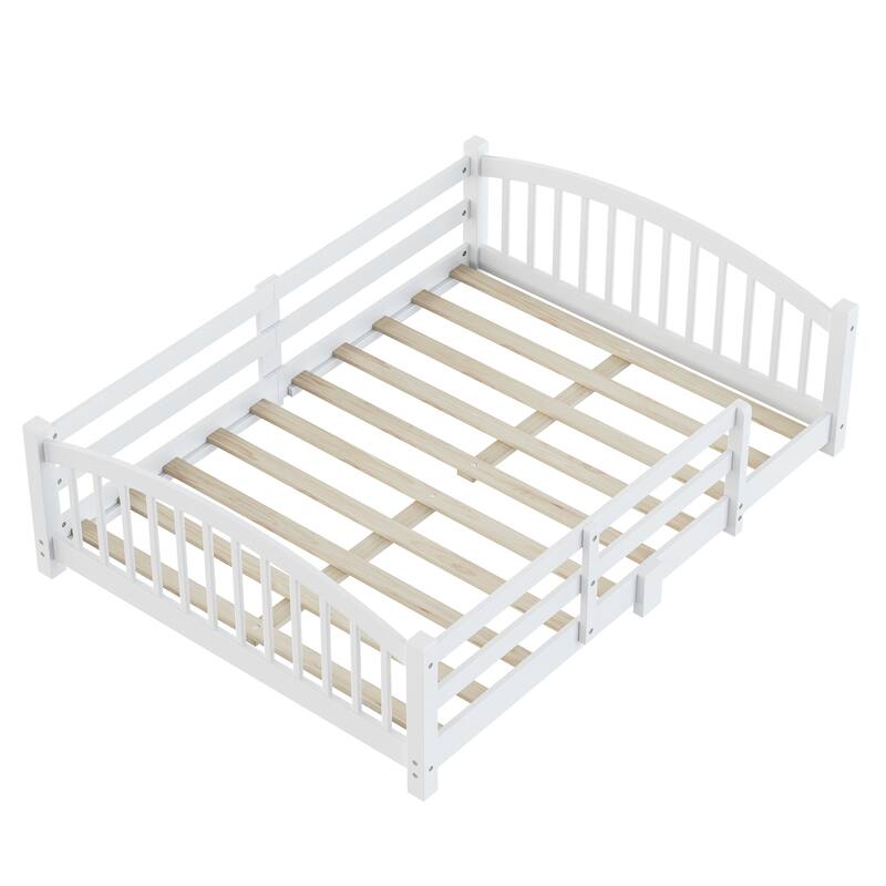 Montessori Solid Pine Floor Bed with Full-Length Safety Fence & Slatted Base by Harper&Bright Designs