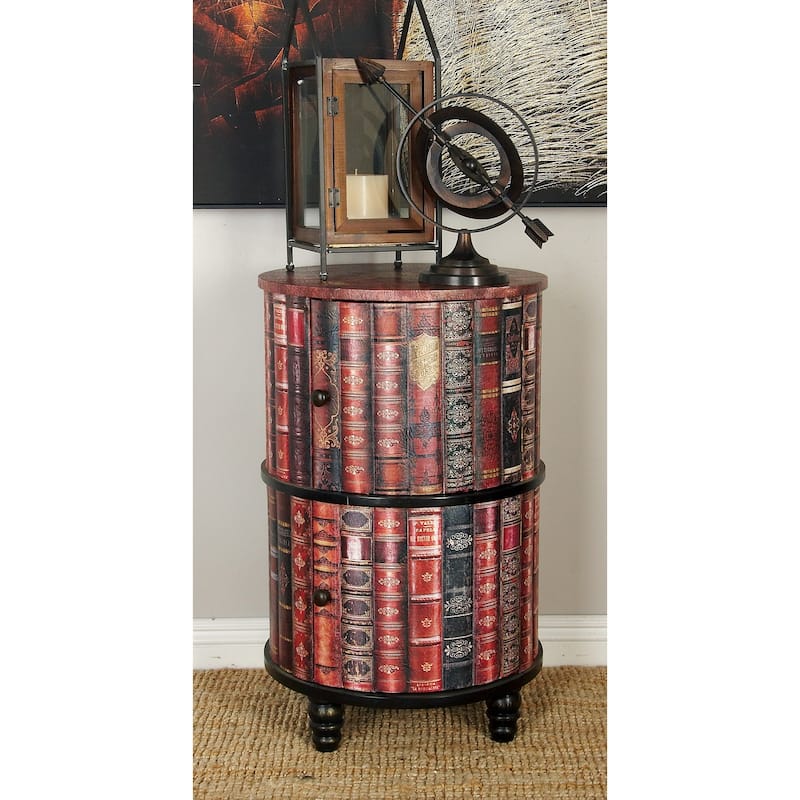 Faux Leather Circular Storage 2 Door Cabinet with Stacked Book Design and Scroll Details - Red - Roche River Décor.