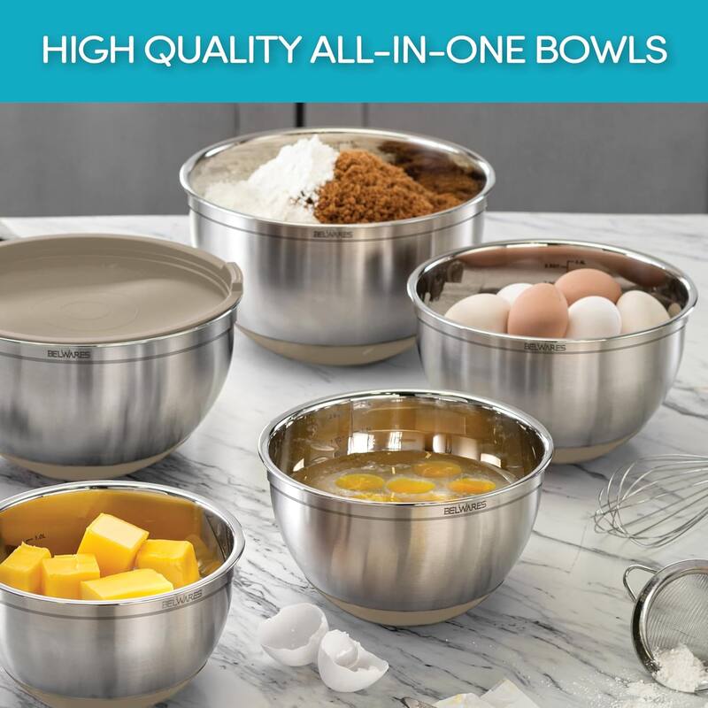 Belwares 5-Piece Stainless Steel Mixing Bowls with Airtight Lids and Graters - Non-Slip Nesting Bowls Set