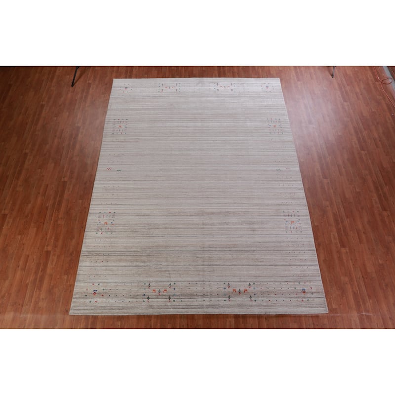 Hand Knotted Oriental 100% Wool Carpet Tribal Stripe Beige & Ivories Gabbeh Area Rug - 12' 7'' X 9' 2''