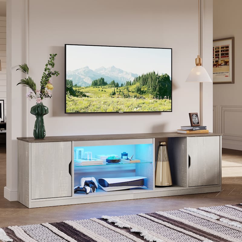 Bestier 70" TV Stand for TV, LED Gaming Entertainment Center with Storage Cabinet and Adjustable Tempered Glass Shelf