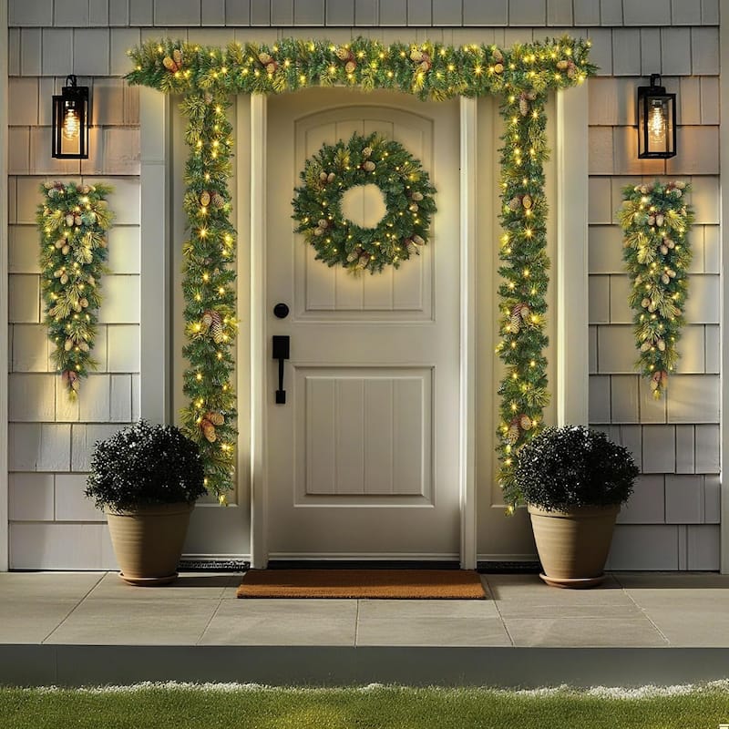 6-Piece Pre-lit Christmas Decor with LED Light Set - N/A - Green