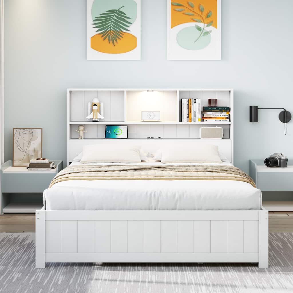 Wood Twin/Full Size Platform Bed with Bookcase Headboard, Built-in Downlight, Charging Station, and 2 Side Drawers
