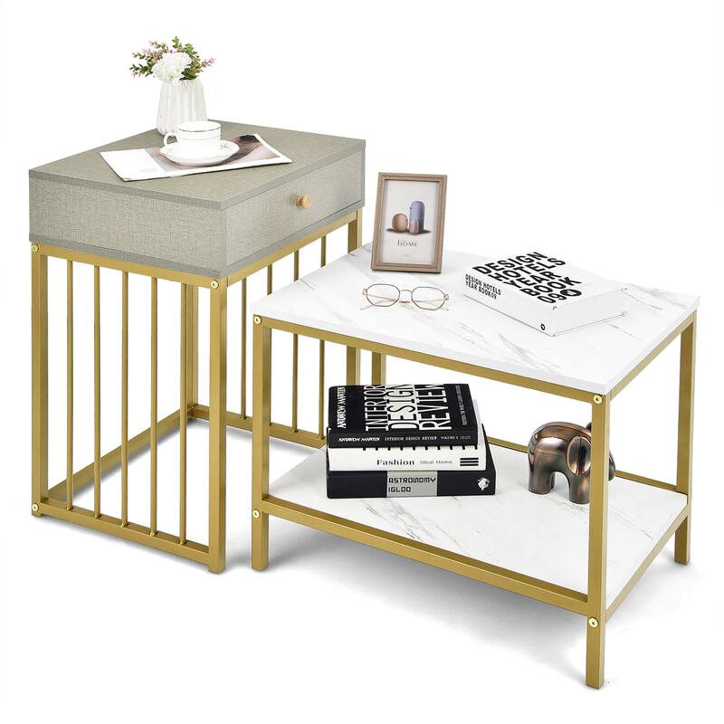 Costway Set of 2 Nesting Coffee Table Drawer Shelf Modern Sofa Side - White & Gold