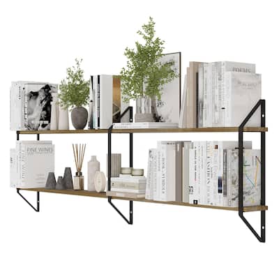 Wallniture Ponza 60" Floating Shelves, 2-Tier Wall Bookshelf, Burnt, Wood