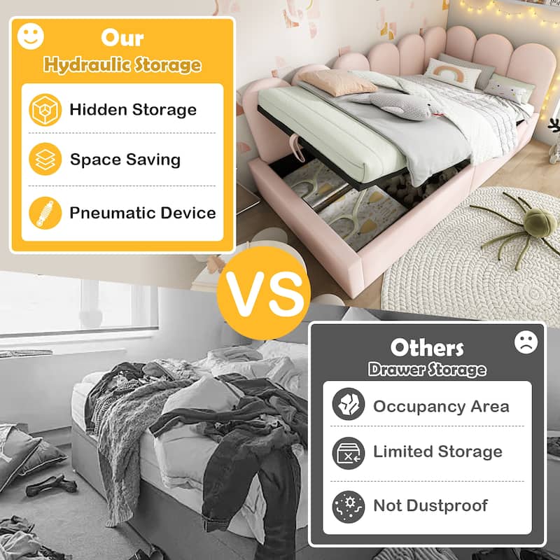 Twin Upholstered Daybed with Hydraulic Storage, Velvet Ottoman Sofa Bed with Metal Slatted Frame for Small Spaces