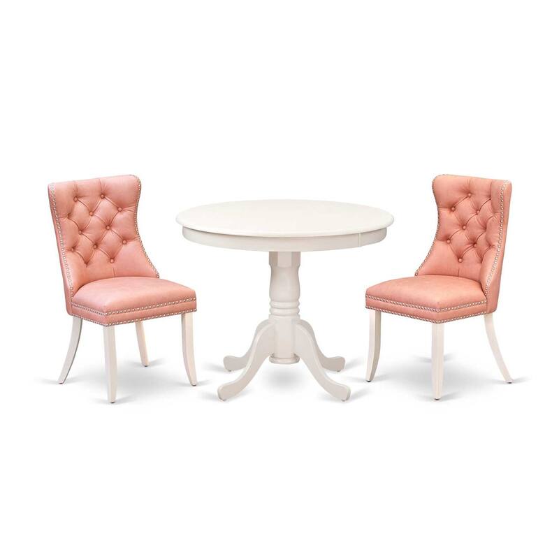 3-Piece Linen White Finish Solid Wood Top - Round Upholstered Dining Room Set - (Seats-4)