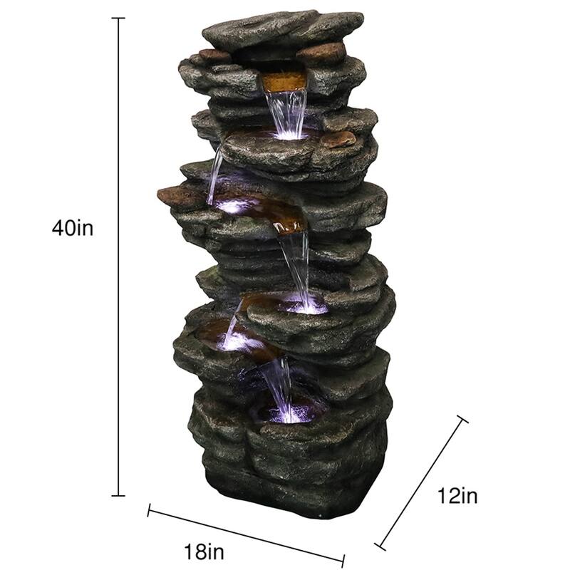 6-Tier Rock Floor Standing Water Fountain with LED Lights and Pump