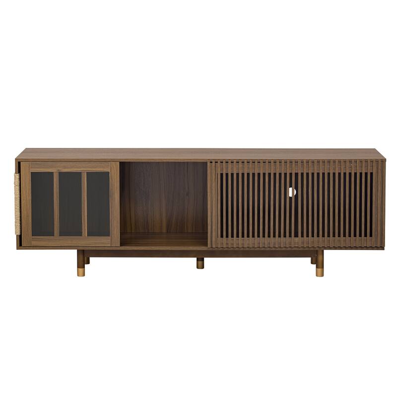 Mid-Century Modern TV Stand Cat House Litter Box with Sliding Flip-Down Glass Door and Cat Scratching Board, for Living Rooms