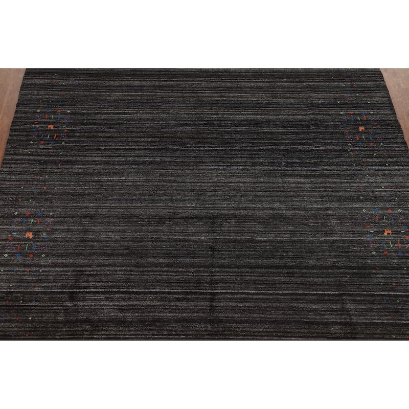 Striped Black Gabbeh Oriental Area Rug Hand-Knotted Silk Carpet - 8'2" x 9'8"