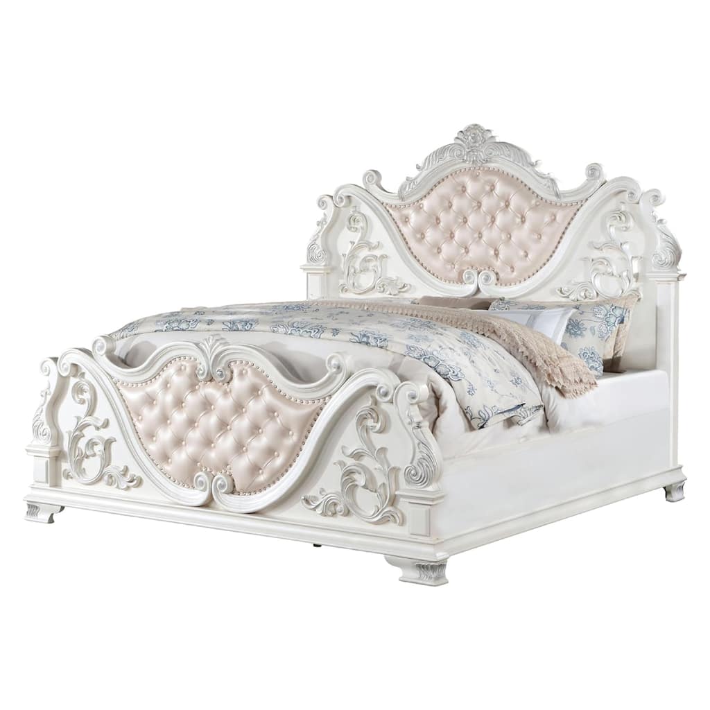 Prio King Bed with Carved Details, White Button Tufted Faux Leather