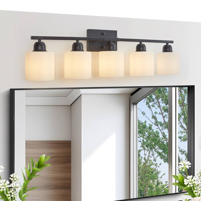 Bathroom Light Fixtures, 5-Light Modern Vanity Light Over Mirror, Wall Sconces with Frosted Glass Shades - Black