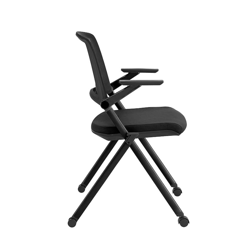 Set of Two Folding and Stacking Black Mesh Rolling Armchairs - 22.84" W x 34.65" H x 22.05" D