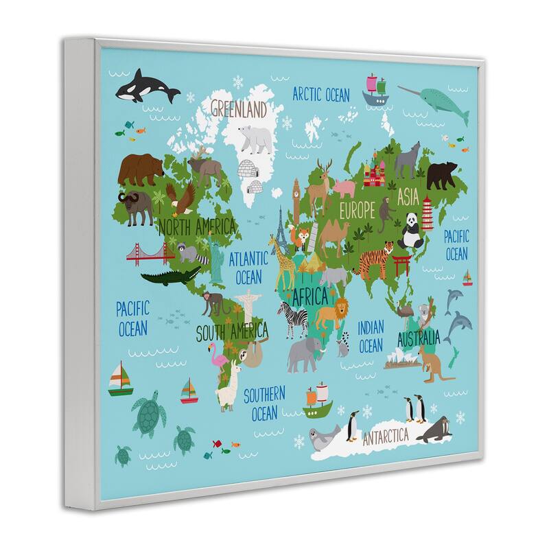 Stupell Kid's Animal World Map Favorite Regional Wildlife Framed Wall Art