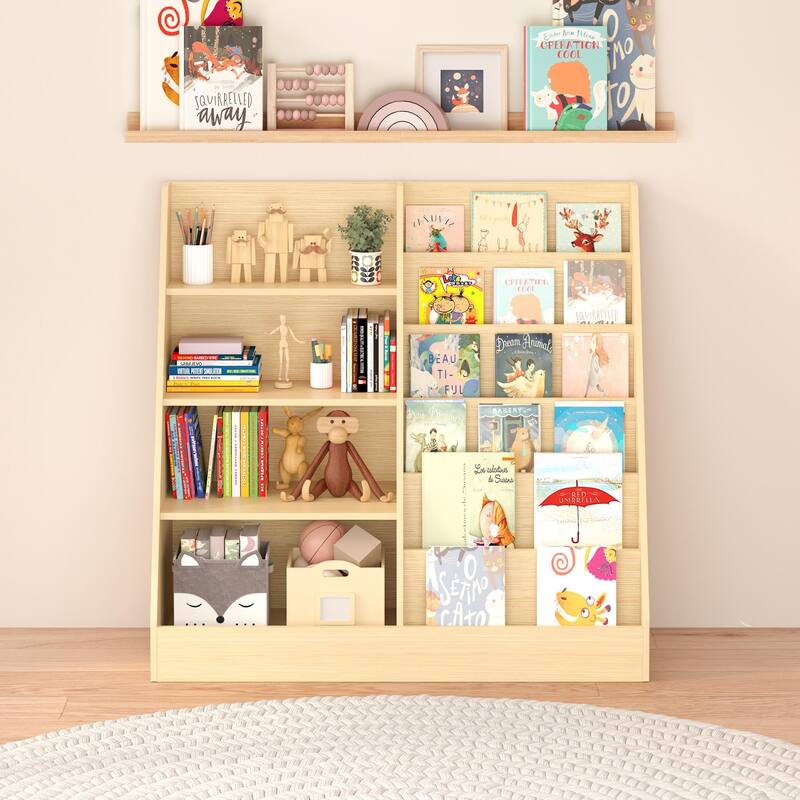 Kids Bookshelf and Toy Storage Organizer, Multifunctional 4 Tier Wooden Kids Book Shelf with Bookcase Display Stand