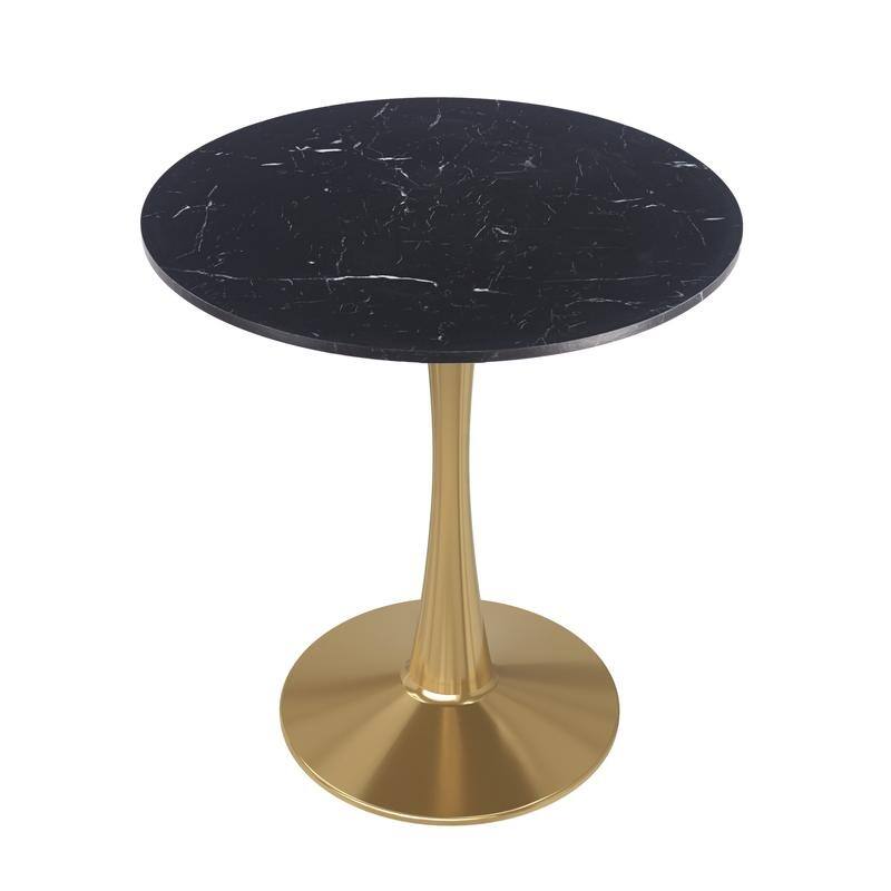 Bristol Minimalist Modern Round Dining Table with Solid Wood Top and Accent Gold Stainless Steel Base for Home or Kitchen - Marbled Black - 27 Inches