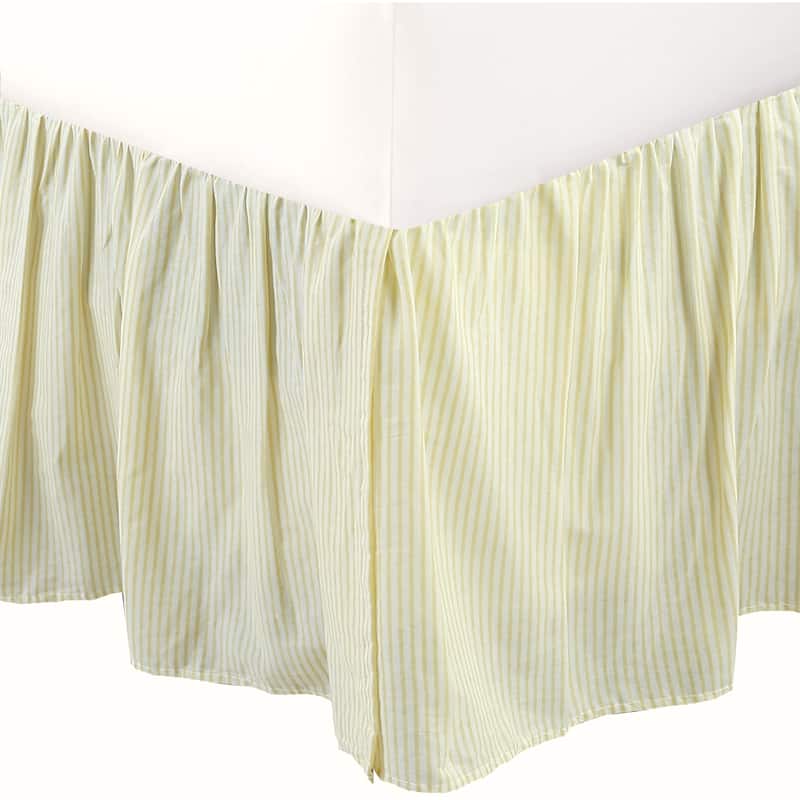 Cozy Line Golden Farmhouse Ticking Cotton Bed Skirt Cream Striped Ruffled Dust Ruffle, Tailored 16" Drop - King - Yellow