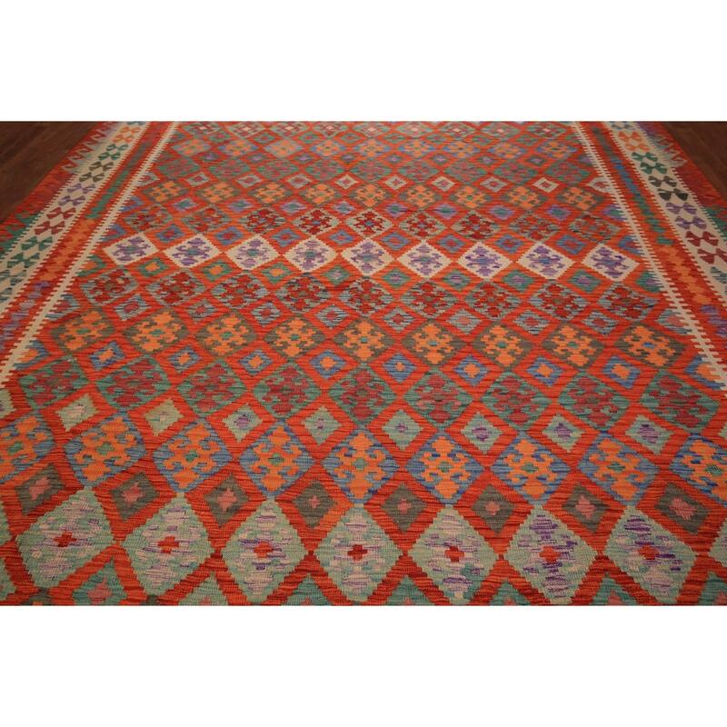 Orange Geometric Kilim Oriental Large Rug Flatweave Wool Carpet - 10'1" x 16'3"