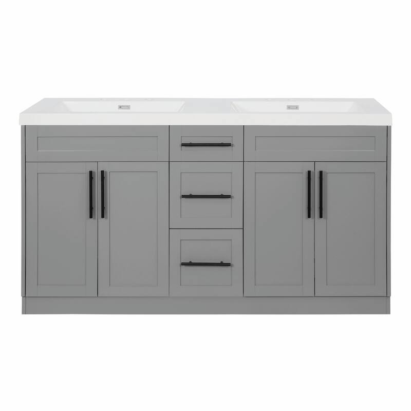 59.3" Double Sink Bathroom Vanity with SMC Top, MDF Cabinet with Solid Wood Frame & Soft-Close Doors