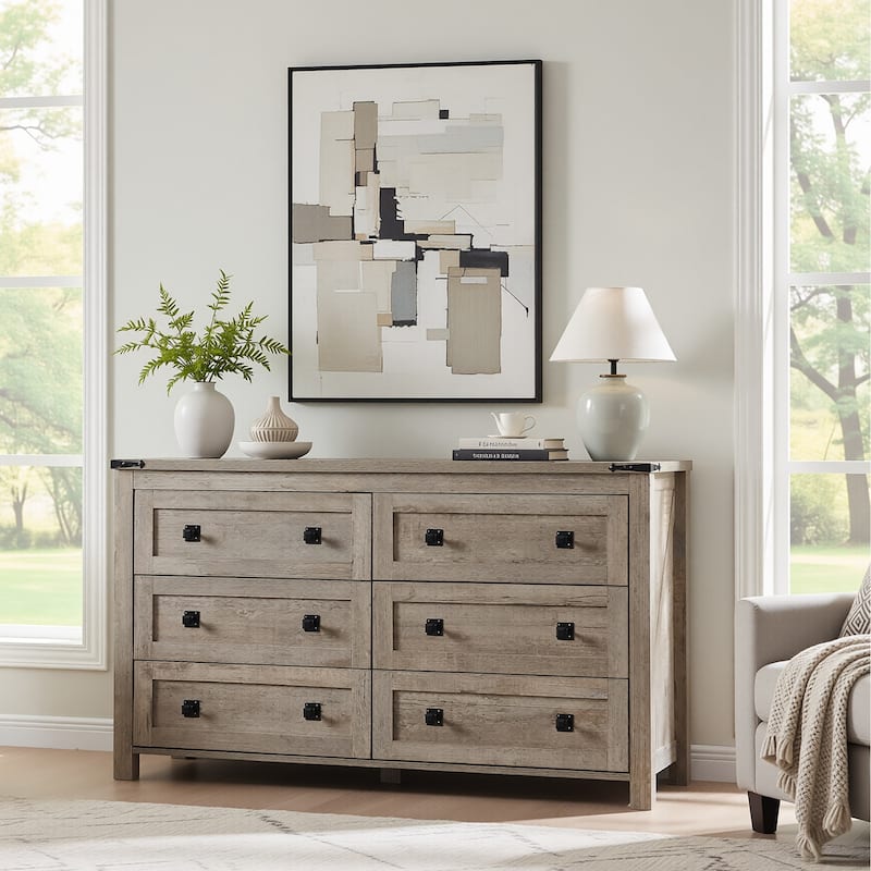 Wood 6 Drawers Dresser, Rustic Chest of Drawers for Bedroom - Grey
