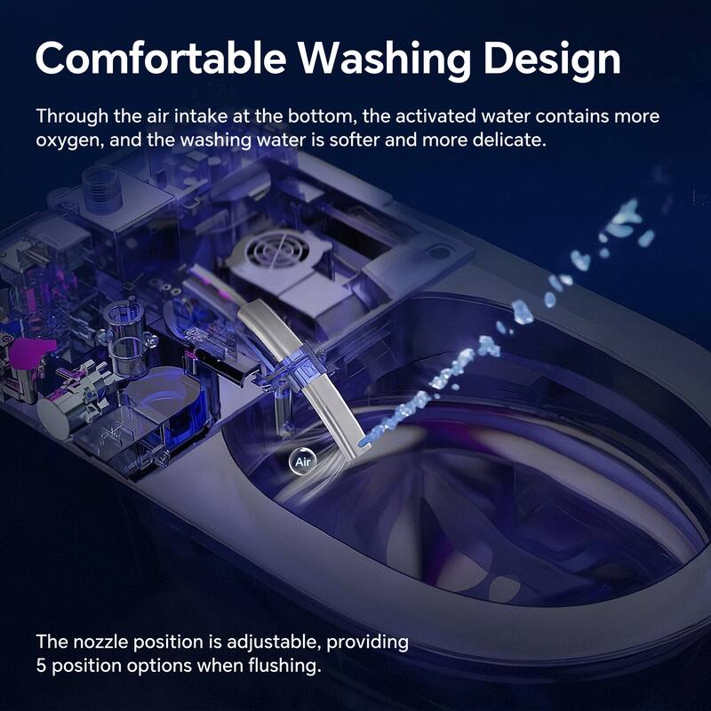 Elongated Smart Toilet with Bidet. ADA Comfort Height Heated Seat. MAP 1000g Flush. Warm Water. Dryer. Night Light