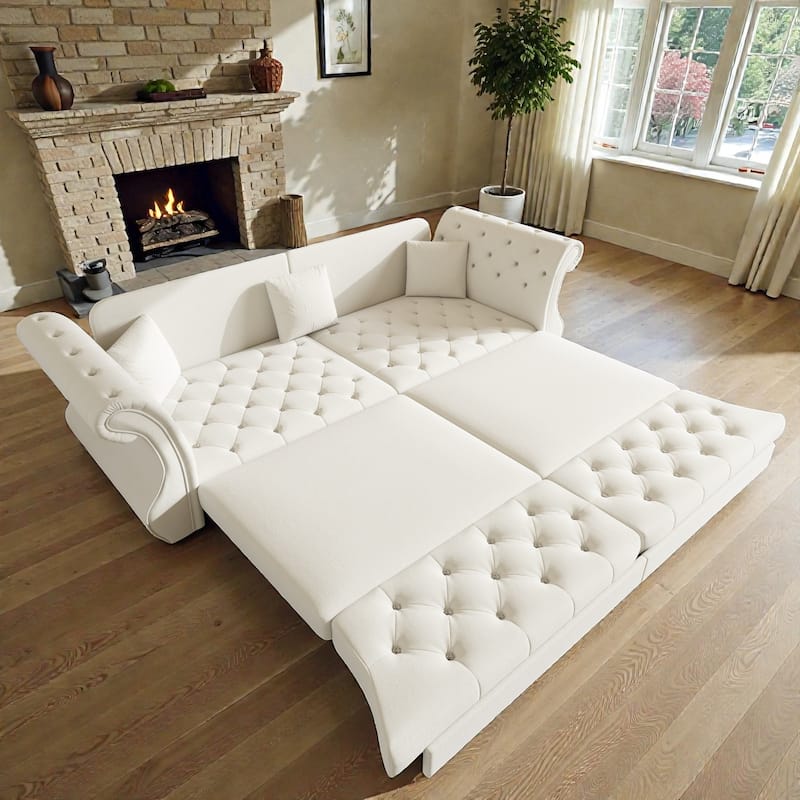 97.6 Inch Chesterfield Pull Out Sofa Bed, Velvet Roll Arm Couch with Flower Tufting, Convertible Sleeper