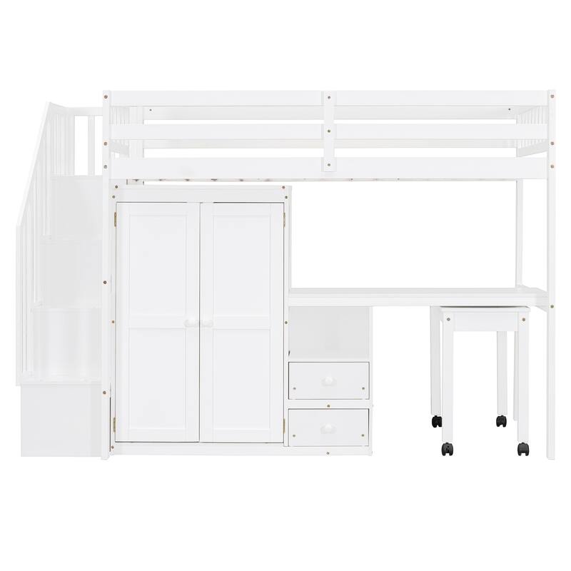 Twin Loft Bed with Staircase & Study Station and 5-in-1 Storage, 300lb Capacity